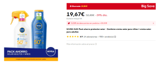 NIVEA SUN Pack ahorro protector solar crema solar niños + crema solar adultos por 19,67€