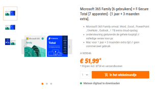 Microsoft 365 Family [6 gebruikers] + F-Secure Total [7 apparaten] - [1 jaar + 3 maanden extra] voor €51,99 bij Nbb