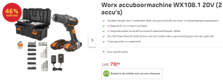 Worx WX108.1 Accuklopboormachine - 2 Batterijen 20 V, 2.0 Ah - box met 88 accessoires voor €79,99 bij Brico in België