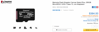 Micro SDXC Kingston 256 GB a $384 en CyberPuerta