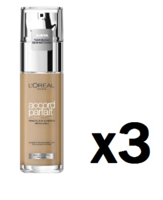 3 L'Oréal Paris Accord Parfait, Base de maquillaje acabado natural con ácido hialurónico, tono piel oscuro, 7.D/W, 30 ml por 20.12€