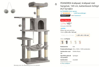 FEANDREA krabpaal met hangmat 143cm hoog grijs voor €49,49 bij Amazon