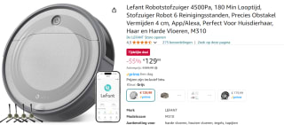 Lefant Robotstofzuiger 4500Pa, 180 Min Loptijd, met 6 Reinigingsstanden voor €129,99 bij Amazon