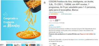 Cosori Freidora de Aire Inteligente, sin Aceite, 3,8L por 89,99€