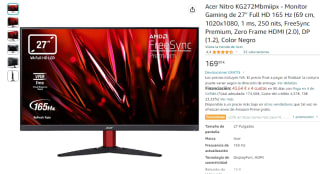 Monitor gaming Acer Nitro KG272Mbmiipx de 27 pulgadas, 1 ms, 250 nits, FreeSync Premium por 169,99€