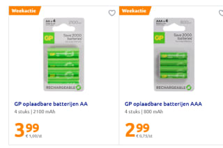 GP oplaadbare batterijen AAA of AA vanaf €2,99 bij de Action