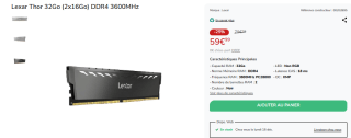 Kit mémoire 32Go RAM DDR4 Lexar Thor - 2 x 16Go - 3600MHz