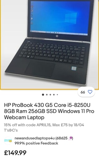 HP ProBook 430 G5 Laptop Core i5-8250U 8GB Ram 256GB SSD Windows 11 Pro refurbished for £127.49 at eBay
