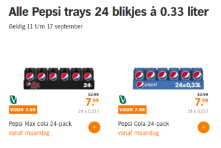 Alle Pepsi trays 24 blikjes à 0.33 liter voor €7,99 bij de AH