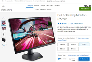 Capture Dell 27-inch QHD (2560x1440) gaming monitor as low as £192.29 from Dell