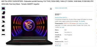 MSI Thin GF63 12UDX-097XES con i7-12650H de 16GB/512GB SSD por 899€