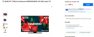 TV QLED 43" Daewoo D43DH55UQMS, 4K UHD, Smart TV por 299€ y la de 50 pulgadas por 329€