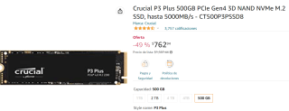 SSD NVMe Crucial P3 Plus 500GB a $763 en Amazon