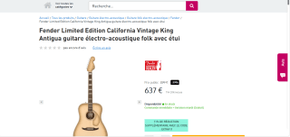Guitare électro-acoustique tout massif Fender Limited Edition California Vintage King Antigua avec étui à 637€