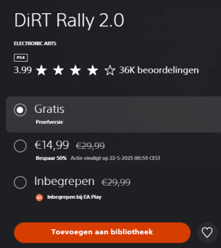 Dirt Rally 2.0 voor €14,99 in de Playstation Store