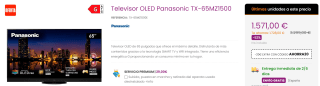 Televisor OLED - Panasonic TX-65MZ1500, 65 pulgadas, 4K HDR, Procesador HCX Pro AI, Dolby Vision IQ, HDR10, Pie Giratorio por 1551€