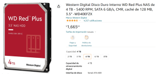 Disco Interno WD Red Plus NAS 4TB a $1,666 en Amazon