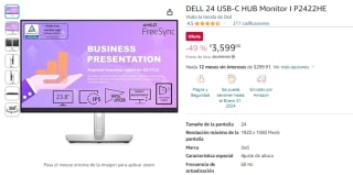 Monitor Dell 24" P2422HE por $3,599 en Amazon