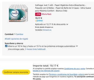 42 rollos Colhogar Just 1 Papel Higiénico Extra Absorbente de 5 Capas por 19,17€