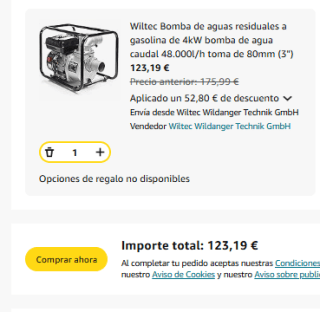 Bomba de aguas residuales a gasolina de 4kW bomba de agua caudal 48.000l/h por 123,19€