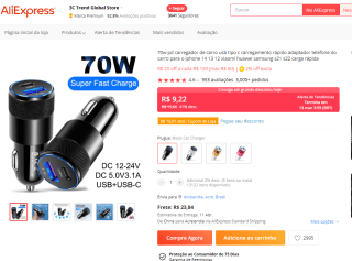 Carregador Veicular, modelo Tipo C Turbo de 70W - R$ 9,22