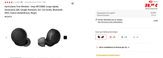Auriculares True Wireless Sony WFC500B por 39,99€