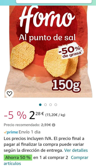 Pack de 2×150gr Lay'S Al Horno Patata Horneada con Sal por 3,42€.