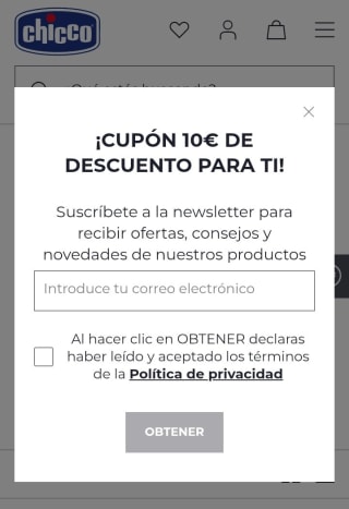 -10€ por suscribirnos a la Newsletter Chicco.