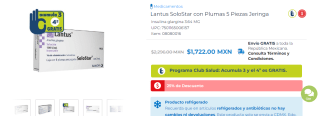 Lantus SoloStar con Plumas 5 Piezas Jeringa por $1,722 en Farmacias San Pablo