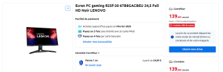 Ecran PC 24,5" Lenovo R25f-30 (67B8GACBEU) - 240 Hz, FHD à 184,59€