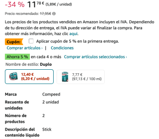Pack 2 Barra 8 ml Tratamiento de pies eficaz contra la fricción y la formación de ampollas COMPEED por solo 11,16€
