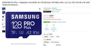Micro SD SAMSUNG Pro Plus 128GB a $298 en Amazon