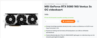 MSI GeForce RTX 5080 16G VENTUS 3X OC - Videokaart 16GB GDDR7 voor €1.499 bij Uwgamespecialist