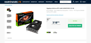 Carte graphique Gigabyte Gigabyte GeForce RTX 4060 WINDFORCE OC 8G à 318,95€