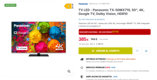 TV LED Panasonic TX-50MX710, 50", 4K, Google TV, Dolby Vision, HDR10 por 375€