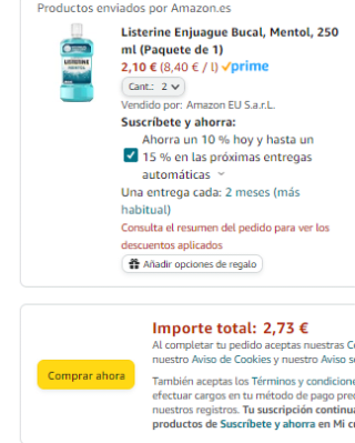 2 Listerines Enjuague Bucal, Mentol, 250 ml por 2,73€