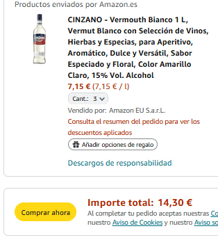 3 botellas Cinzano Vermouth Bianco 1 L por 14,30€