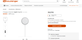 Chargeur induction APPLE MagSafe à 39,07€