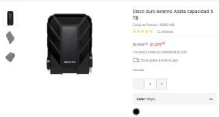 Disco duro externo Adata 5TB por $1,379.69 en Liverpool