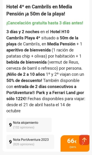Cambrils 50m Playa 2 noches con media pensión por 66€ por persona.