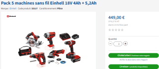 Pack de 5 outils sans fil Einhell de 18V 4Ah + 5,2Ah à 449€