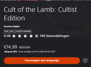 Cult of the Lamb: Cultist Edition voor €14,99 in de Playstation Store