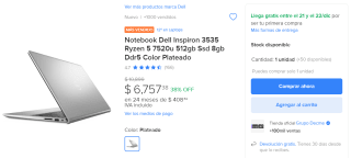 Dell Inspiron 3535 Ryzen 5 7520U por $6,757 | Descuento Mercado Libre