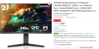 Gaming Monitor 27 Pulgadas KOORUI - Pantalla WQHD PC, 240Hz, 1ms, Adaptive Sync, Compatibilidad Gsync, (2560x1440, HDMI, DisplayPort, HDR 400) por 299€