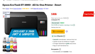 Epson EcoTank ET-2860 all-in-one A4 inkjetprinter met wifi (3 in 1) voor €139 na cashback via Bol