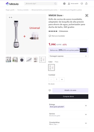 Adaptador de Grifo de Cocina de Acero Inoxidable por 1,89€