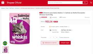 Whiskas Sachê Salmão ao Molho de 85g - R$ 2,36