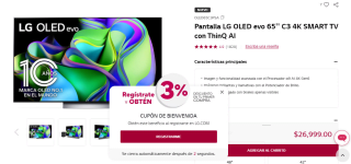 Smart TV LG OLED evo 65'' C3 4K ThinQ AI por $22,260