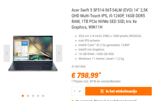 Acer Swift 5 SF514-56T 54LM voor €798,99 bij Nbb