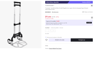 Carretilla de Mano Portátil Plegable Carro Ligero Aluminio por 21.24€ (Cuenta Nueva 12.74€)